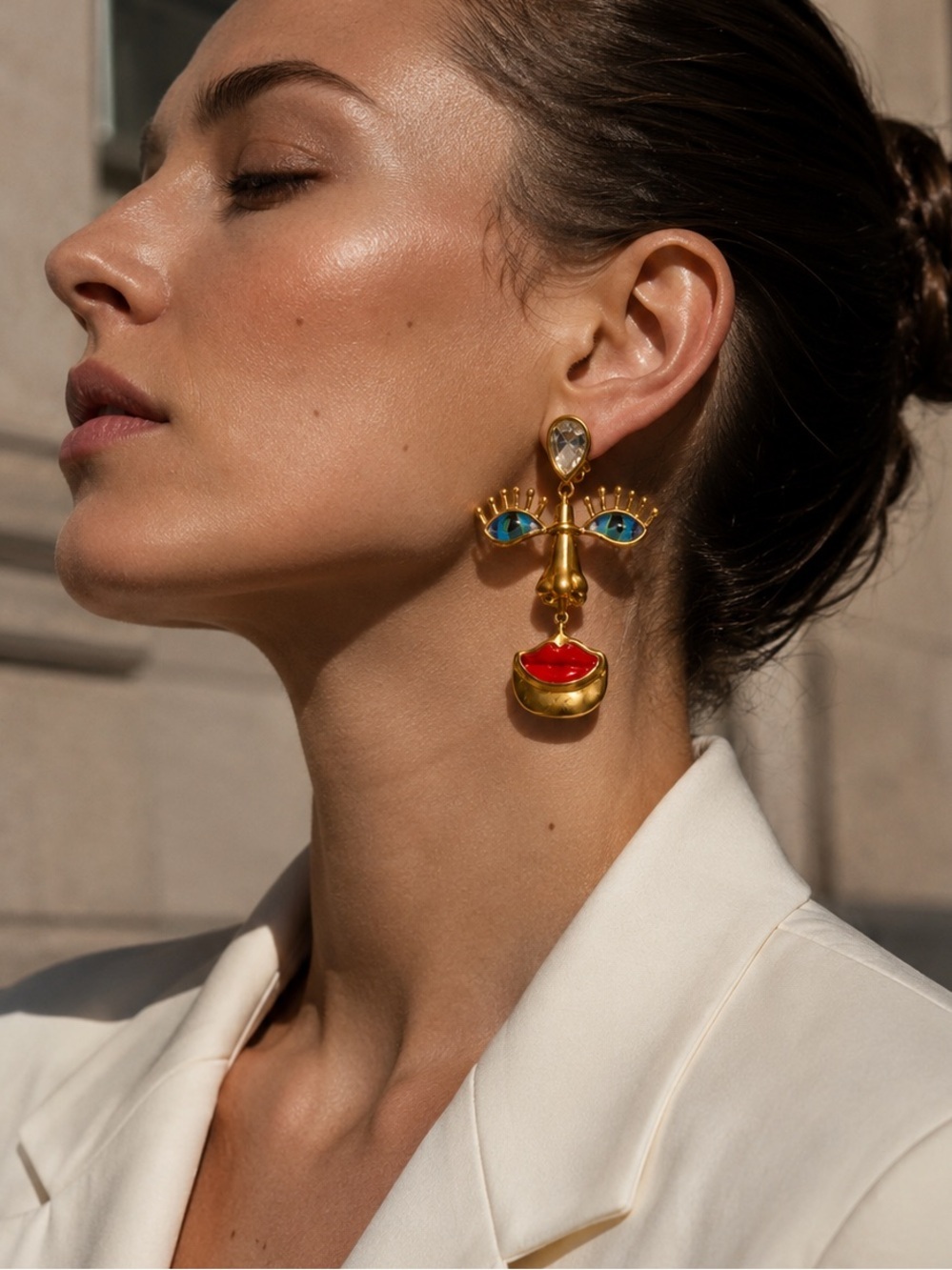 Surreal Face Art Earrings Gold Statement Eye & Lip Drop Earrings
